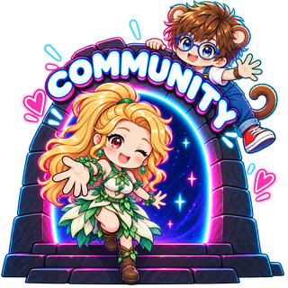 ピンクと水色に光る門で迎える2人のもんちのCOMMUNITYイラスト