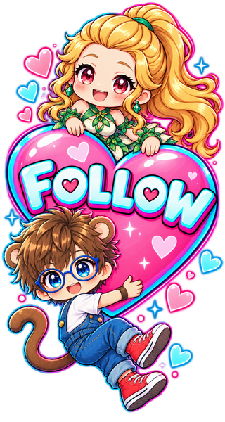 大きなピンクのハートと2人のもんちが描かれたFOLLOWイラスト