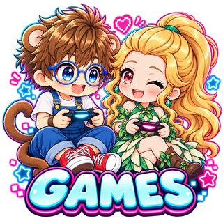 コントローラーを持ち並んで座る2人のもんちのGAMESイラスト